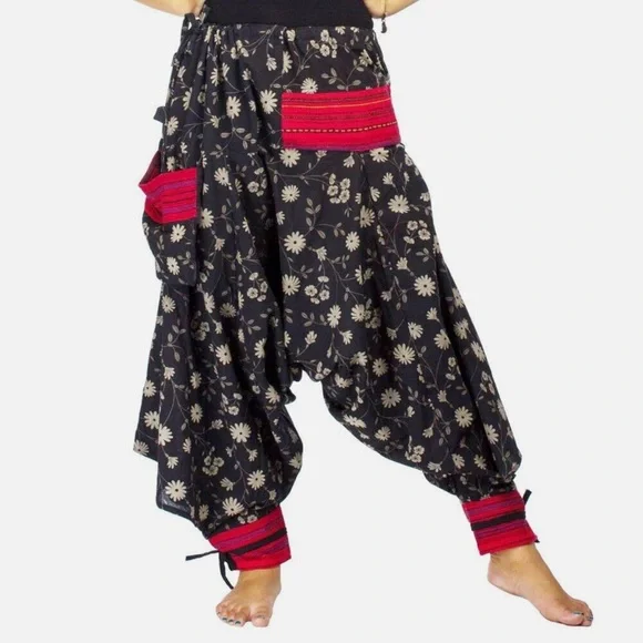Harem Drop Crotch Thai Pants Black Floral Size Medium Gypsy Hippie Aladdin Hmong - Picture 1 of 11